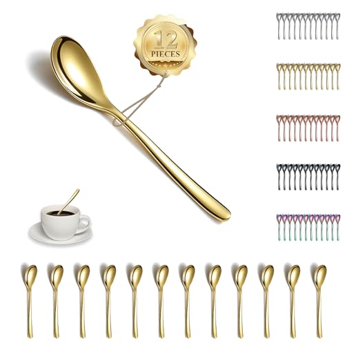 Kyraton Gold Teelöffel 12 Stück, 14cm Edelstahl Kaffeelöffel, Dessertlöffel, Espressolöffel, Kleine Löffel, Löffel Besteck Set, Spülmaschinenfest von Kyraton