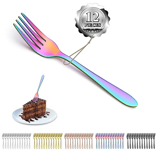 Kyraton Regenbogen Dessertgabeln 12 Stück 14cm Edelstahl Titan beschichtet Regenbogen Kuchengabeln, Obstgabeln, Gabelsilber, Hochglanzpoliert Spülmaschinenfest von Kyraton