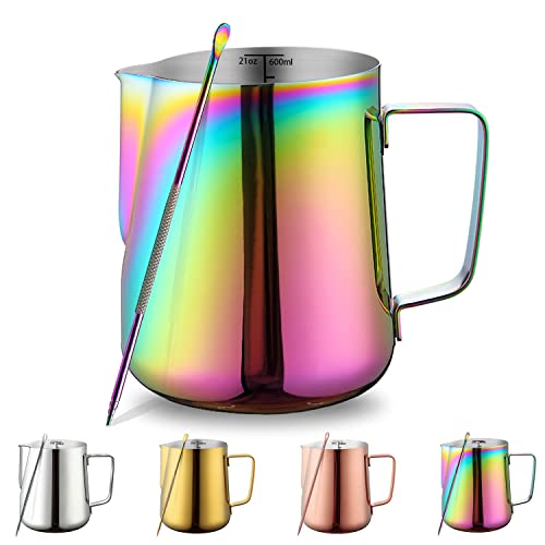 Milchaufschäumer 21 oz 620 ml, Kyraton Edelstahl Espresso Dampfkanne mit Dekorationsstift, Milchkaffeeaufschäumer Tassen Cappuccino Latte Art Barista Dampfkannen Milchkännchen (Regenbogen) von Kyraton