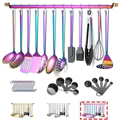 Kyraton Regenbogen Küchenutensilien Set 37 teiliges, Edelstahl Küchenhelfer Set mit Titanregenbogenüberzug, Küchenwerkzeug Set mit Utensilienhalter, Kochlöffel Set Spülmaschinenfest von Kyraton
