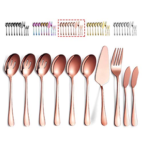 Rose Gold Servierlöffel 10 Stück, Servierutensilien,Kyraton Servierset bestehend aus 3 Servierlöffel, 3 geschlitzten Löffel, 1 Serviergabel, 1 Tortenheber, 2 Buttermesserverteiler von Kyraton