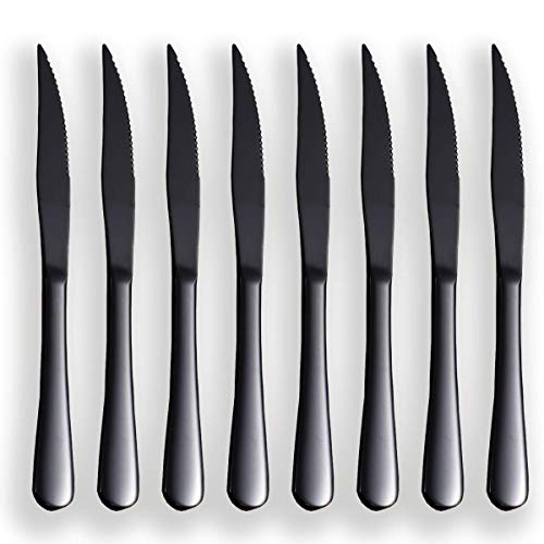 Schwarzes Steakmesser-Set, Kyrtaon Schwarzes gezahntes Messer, Titanschwarzes Edelstahl-Scharfmesser-Set, Tafelmesser-Set von 8, Spülmaschinenfest, robust und leicht zu reinigen von Kyraton