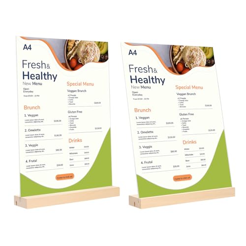 Kyrio 2 Stück A4 Tischständer, L & T Form Tischständer, Acryl Display Schilderhalter, Tischmenühalter mit Holzsockel für Hochzeit, Restaurant, Büro, Café (21 x 29,7 cm) von Kyrio