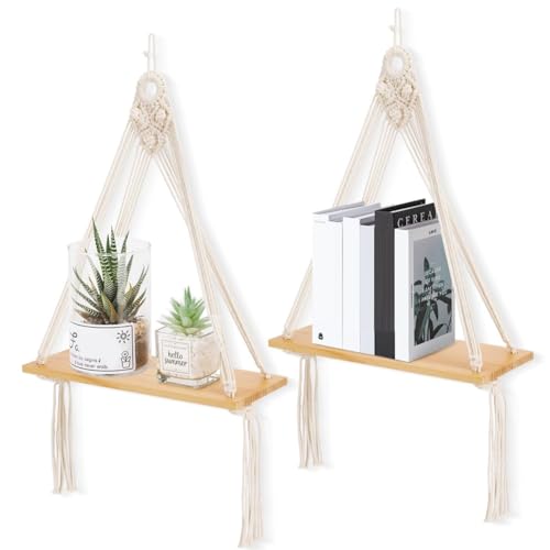 Kznifmk 2 Stück Schweberegal aus , Boho, Wanddekoration, mit handgewebtem Seil von Kznifmk
