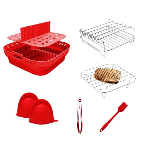 Kznifmk Set aus Korbschalen in Silikonform für Luftfritteuse, quadratisches Grillzubehör für Luftfritteuse, wiederverwendbare Luftfritteusenform, Rot von Kznifmk