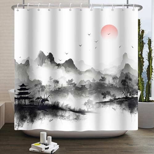 Kzzfqxb 105x160cm Duschvorhänge mit Haken, Nebel Weiß Schwarz Berge Rote Sonne Bäume Landschaft Chinesische Tuschmalerei Wasserdicht Verdeckt für Bad, Polyester Natur dekor für Badezimmer Badewanne von Kzzfqxb