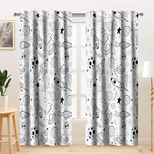 Kzzfqxb 107x160cm Karikatur Vorhänge 2 Paneele, Weiß Schwarz Weltraum Raketen UFO Muster Stangentasche Fenstervorhänge, Fantasie Dekoration für Kinder Jungen Schlafzimmer Kinderzimmer Wohnzimmer Kzzfqxb 107x160cm Karikatur Vorhänge 2 Paneele, Weiß Schwarz Weltraum Raketen UFO Muster Stangentasche Fenstervorhänge, Fantasie Dekoration für Kinder Jungen Schlafzimmer Kinderzimmer Wohnzimmer von Kzzfqxb