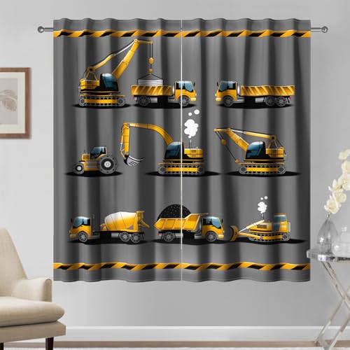 Kzzfqxb 107x160cm Kindervorhänge 2 Paneele, Bauautos Bagger Kranwagen LKW Cartoon Stangentasche, Schwarz Gelb Dekor für Kinder, Jungen, Schlafzimmer, Kinderzimmer von Kzzfqxb