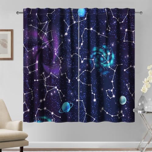 Kzzfqxb 117×138cm Galaxy Gardinen, Blau Lila Nacht Sternenhimmel Planeten Nebel Astrologie Astronomie gardinen 2 Paneele für Jungen Mädchen, Schlafzimmer Wohnzimmer Fenstervorhänge von Kzzfqxb