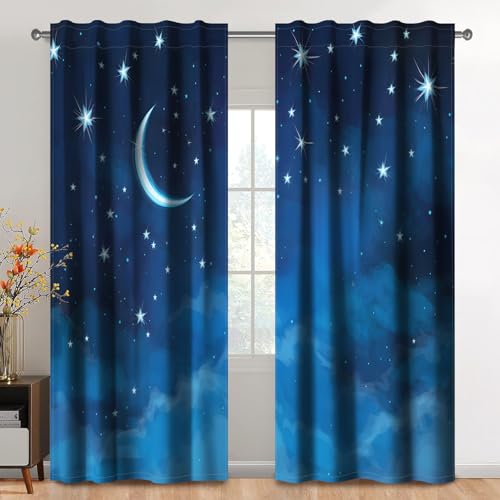 Kzzfqxb 117×138cm Starlit Sky Vorhangset aus 2 Paneelen, Blauer Mond Sterne Nacht Himmel Sternenhimmel Bedruckte vorhänge für Kinder, Schlafzimmer Wohnzimmer Fenster Vorhänge von Kzzfqxb
