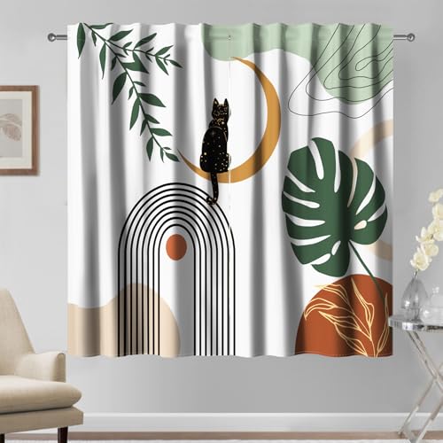 Kzzfqxb 117×183cm Moderne Vorhänge, Ocker Khaki Sonne Mond Blätter Schwarze Katze Beige Bogen Böhmische Kunst Drape-Vorhänge 2 Paneele, Fenstervorhänge für Schlafzimmer Wohnzimmer von Kzzfqxb
