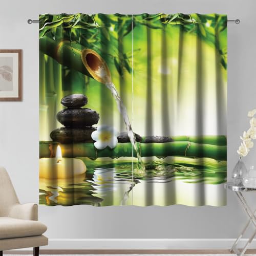 Kzzfqxb 117x183cm Vorhänge 2 Paneele, Spa Grün Bambus Klare Frühlingskiesel Kerze Aromatherapie Yoga Meditation Japanische Entspannende, Zen Dekor für Schlafzimmer Wohnzimmer von Kzzfqxb
