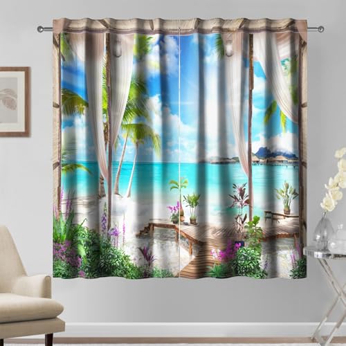 Kzzfqxb 132x214 cm Landschaftsvorhänge 2 Paneele, sonniges Strandresort Bäume Blumen blaues Meer Himmel weiße Wolken Gardinen mit Stangentasche, für Schlafzimmer und Wohnzimmer von Kzzfqxb