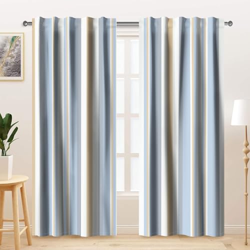 Kzzfqxb 132x214cm Moderne Vorhänge 2 Paneele, Blau Weiß Gelb Gestreifte Verbindungsfarben Nordischer Stil Einfache für Wohnzimmer Schlafzimmer Marineblau Einheitlich von Kzzfqxb
