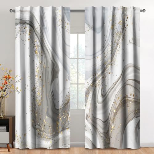 Kzzfqxb 132x214cm Vorhänge mit Stangentasche 2 Paneele, Moderne Hellgraue Wasserströmung mit Goldener Sand Marmor Muster Fenstervorhänge, Modisches Künstlerisches Dekor für Schlafzimmer und Wohnzimmer von Kzzfqxb