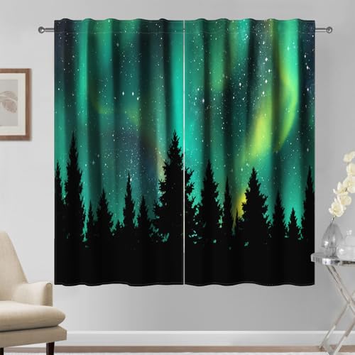 Kzzfqxb 132x214cm Vorhänge mit Waldsilhouetten 2 Paneele, grüne Lichter Nordpola arktische Kiefern Schwarze Kontur Waldlandschaft, Fantasy Dekor für Wohnzimmer und Schlafzimmer von Kzzfqxb