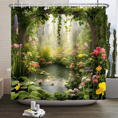 Kzzfqxb 165x180cm Duschvorhänge mit Kunstst Offhaken, Üppige Grüne Wunder Blumen Wald Lotus im Teich Ölgemälde Wasserdicht für Badewanne, Rrfrischend Schöner Garten Polyester Stoff für Badezimmer von Kzzfqxb