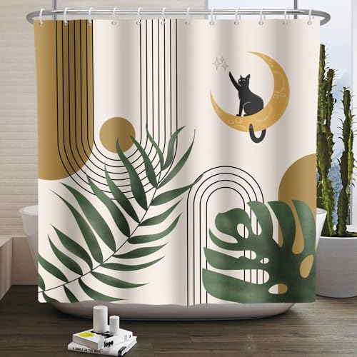 Kzzfqxb 180x200cm Boho Duschvorhänge mit Haken, Mid Century Bogen Beige Braun Sonne Mond Katze Grüne Blätter Moderne Kunst Wasserdicht für Bad, Polyester gewebe Badezimmer Badewanne Ästhetisches Dekor von Kzzfqxb