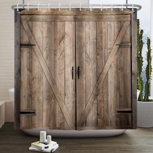 Kzzfqxb 183x183cm Holzbrett Duschvorhänge mit Haken, Vintage Retro Dunkelbraun Bauernhaus Planke Scheunentor Ländlich Wasserdicht für Bad, Polyester gewebe Badezimmer Badewanne Rustikales Dekor von Kzzfqxb