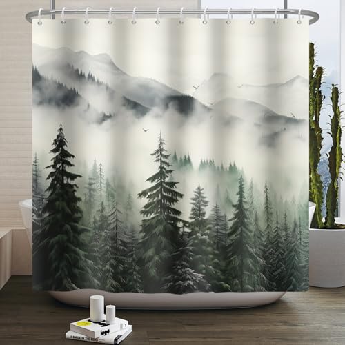 Kzzfqxb 183x183cm Nebelig Duschvorhänge mit Haken, Nebel Weiß Berge Kiefern begrünen Bäume Waldland Landschaft Wasserdicht Verdeckt für Bad, Polyester gewebe Natur dekor für Badezimmer Badewanne Kzzfqxb 183x183cm Nebelig Duschvorhänge mit Haken, Nebel Weiß Berge Kiefern begrünen Bäume Waldland Landschaft Wasserdicht Verdeckt für Bad, Polyester gewebe Natur dekor für Badezimmer Badewanne von Kzzfqxb