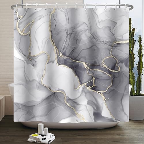 Kzzfqxb Duschvorhänge 105x160cm mit Kunstst offhaken, wasserdicht graue Marmor Struktur goldene Kurven fließendes Rauchkunst Muster für Bad, Polyester gewebe für Badezimmer Badewanne von Kzzfqxb