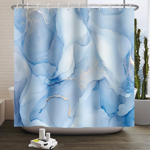 Kzzfqxb Duschvorhänge 180x200cm mit Kunstst offhaken, wasserdicht Blauer Marmor goldene Linien Silberne Linien Wasserfluss Kunstmuster für Bad, Polyester gewebe für Badezimmer Badewanne von Kzzfqxb