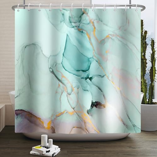 Kzzfqxb Duschvorhänge 180x200cm mit Kunstst offhaken, wasserdicht hell grüner Marmor goldene Linien modernes Wasserfluss Muster für Bad, Polyester gewebe für Badezimmer Badewanne von Kzzfqxb