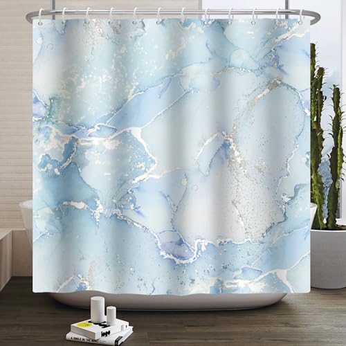 Kzzfqxb Duschvorhänge 183x183cm mit Kunstst offhaken, wasserdicht hell Blaue Marmor Struktur weiß silbernes Sandfluss Wasserfluss Kunst Muster für Bad, Polyester gewebe für Badezimmer Badewanne von Kzzfqxb