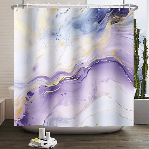 Kzzfqxb Duschvorhänge 183x183cm mit Kunstst offhaken, wasserdicht lila Blaue Marmor Struktur goldene geschwungene Linien Ozeanwellen Kunst Muster für Bad, Polyester gewebe für Badezimmer Badewanne von Kzzfqxb