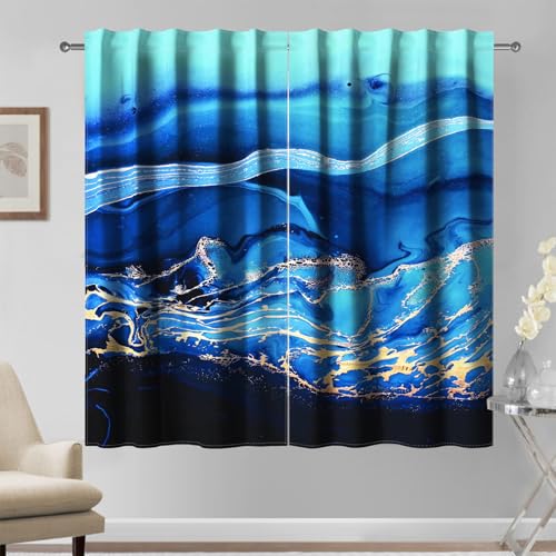 Kzzfqxb Edle Blaue, ozeanblaue luxuriöse goldene Linien Wasserfluss Meereswellen Marmor vorhänge für Schlafzimmer Wohnzimmer, 140×229cm 2 Paneele Drape Vorhänge, Moderne Kunst von Kzzfqxb