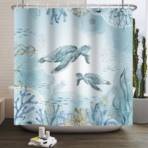 Kzzfqxb Kinder Duschvorhänge 180x200cm, Meerestiere Meeresschildkröten Seepferdchen Korallen Unterwasserwelt wasserdicht Polyestergewebe mit Kunststoffhaken, hellblaue Badezimmer Dekoration von Kzzfqxb
