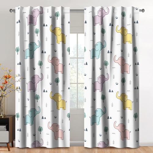 Kzzfqxb Kinder vorhänge 117x138cm 2 Paneele Elefantenbabys kleine Bäume Gräser Fensterdekoration für Kinder Mädchen Jungen Schlafzimmer Kinderzimmer Wohnzimmer von Kzzfqxb