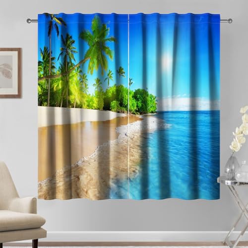 Kzzfqxb Stangentasche Vorhänge 117x183cm 2 Paneele, Blaue Meere Wellen Sonniger Himmel Grüne Palmen Sandstrand Küsten Landschaft, Frisches Dekor für Schlafzimmer Wohnzimmer von Kzzfqxb
