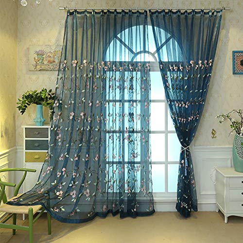 Lsimeru Blau Vintage Vorhang Transparent Kräuselband Gardinen Durchsichtig Romantisch Blumenmuster Voile Vorhänge Schlafzimmer Wohnzimmer Dekoschal,2er Set 140x245 von Lsimeru