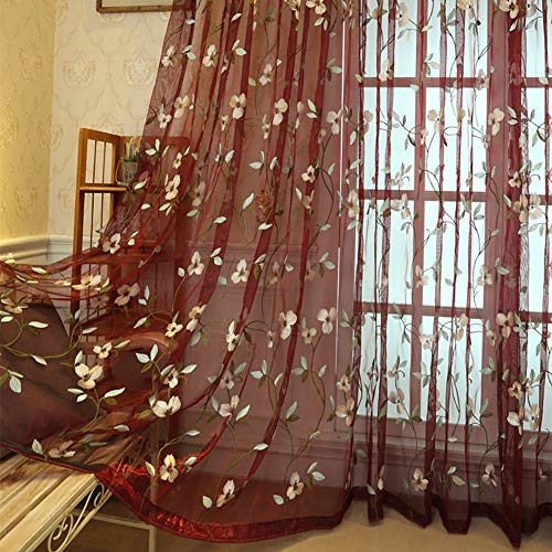 Lsimeru Rot Vintage Vorhang Transparent Kräuselband Gardinen Durchsichtig Romantisch Blumenmuster Voile Vorhänge Schlafzimmer Wohnzimmer Dekoschal,2er Set 140x160 von Lsimeru