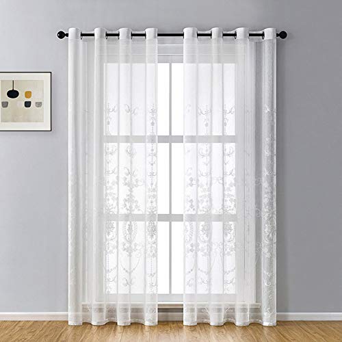 Lsimeru Vintage Barock Vorhänge Transparent Weiß ösen 2er Set Stickerei Blumenmuster Landhaus Voile Vorhange Gardinen Durchsichtig Ösenschal Schlafzimmer Wohnzimmer von Lsimeru