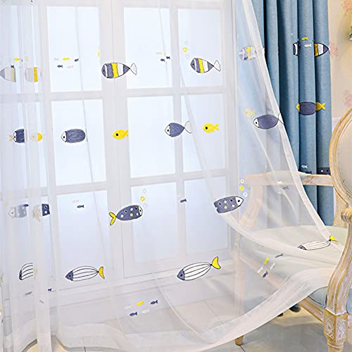 Lsimeru Tiere Vorhang Babyzimmer Junge Transparent Fischemuster 2er Pack Tülle Gardinen Durchsichtig Kinder Stickerei Fenster Dekoschal für Kinderzimmer,245x140 von Lsimeru