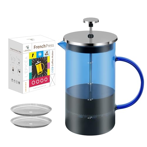 L'ÉPICÉA French Press Coffee Maker 34oz French Press Coffee Press Heat Resistant Borosilicate Glass French Press Coffee Maker with 2 Filters System and Stainless Steel Plunger (Blue) von L'ÉPICÉA