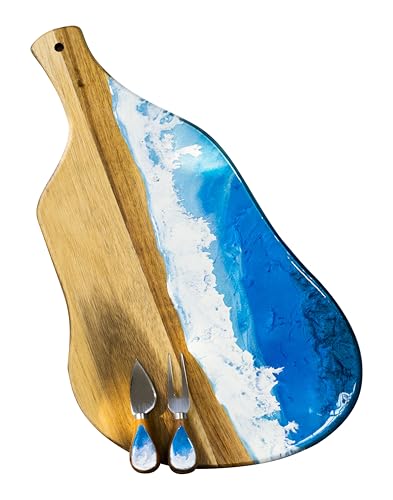 Serviertablett aus Holz, handdekoriert, Holzbrett zum Schneiden und Präsentieren, Käsebrett und Akazien, Serviertablett mit passendem Besteck von L L Arte en madera
