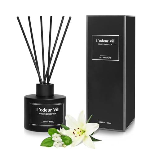 L'odeur Vill Reed Diffuser Set, 3.4 oz(100ml) Jasmin Lily duftender Diffuser mit 8 Fragrance Sticks, Home raumduft Duft ätherisches Öl Reed Diffuser für Zuhause Große Zimmer Badezimmer Regal Dekor. von L'odeur Vill