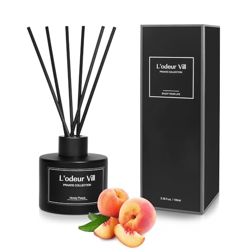 L'odeur Vill Reed Diffuser Set, 3.4 oz(100ml) Pfirsich duftender Diffuser mit 8 Fragrance Sticks, Home raumduft Duft ätherisches Öl Reed Diffuser für Zuhause Große Zimmer Badezimmer Regal Dekor. von L'odeur Vill