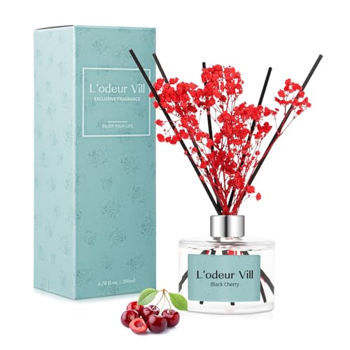 L'odeur Vill Reed Diffuser Set, 6.7 oz(200ml) Kirsche duftender Diffuser mit 6 Fragrance Sticks, Home raumduft Duft ätherisches Öl Reed Diffuser für Zuhause Große Zimmer Badezimmer Regal Dekor. von L'odeur Vill