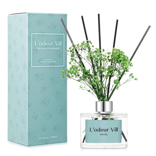 L'odeur Vill Reed Diffuser Set, 6.7 oz(200ml) Vanille duftender Diffuser mit 6 Fragrance Sticks, Home raumduft Duft ätherisches Öl Reed Diffuser für Zuhause Große Zimmer Badezimmer Regal Dekor. von L'odeur Vill