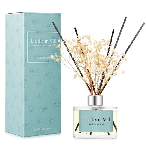 L'odeur Vill Weißer Jasmin Duftender Reed Diffuser Set, 6.7 oz(200ml) mit 6 Fragrance Sticks, Home Raumduft Duft ätherisches Öl Reed Diffuser für Zuhause Große Zimmer Badezimmer Regal Dekor von L'odeur Vill