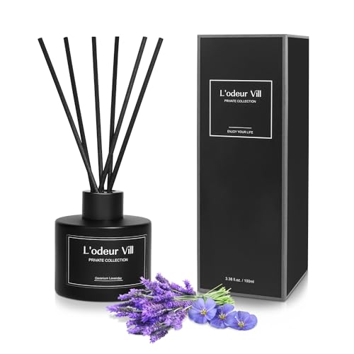 L'odeur Vill Reed Diffuser Set,3.4 oz(100ml) Lavendelgeranie duftender Diffuser mit 8 Fragrance Sticks, Home raumduft Duft ätherisches Öl Reed Diffuser für Zuhause Große Zimmer Badezimmer Regal Dekor. von L'odeur Vill