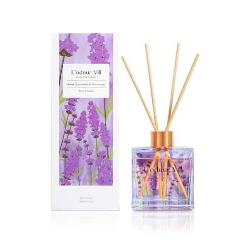 L'odeur Vill Reed Diffuser Set/Lavender Geranium/3.38 FL.oz(100ML)/1 Packung mit 6 Reed Sticks/Home Duft Diffuser, Öl Duft Diffuser für Badezimmer Regal Dekor. von L'odeur Vill