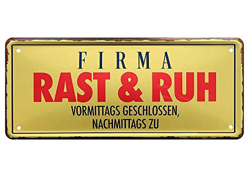 L.E.M.B. Hometrends Blechschild Deko Metall-Schild Fun Vintage Spruch 28cm x 12cm Firma Rast und Ruh? von L.E.M.B. Hometrends