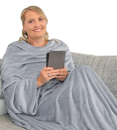 L.E.M.B. Hometrends Kuscheldecke mit Ärmeln TV Decke Sofadecke Ärmeldecke Wohndecke Fleecedecke Mikrofaser Strokkur 150 x 180 cm hellgrau von L.E.M.B. Hometrends