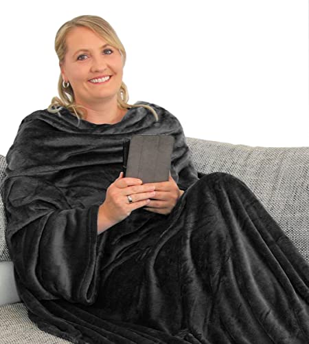 L.E.M.B. Hometrends Kuscheldecke mit Ärmeln TV Decke Sofadecke Ärmeldecke Wohndecke Fleecedecke Mikrofaser Strokkur 170 x 200 cm schwarz von L.E.M.B. Hometrends