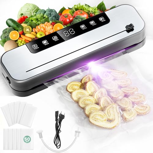 6-in-1 Vakuumiergerät, Vakuumierer Profi für Lebensmittel mit 50 Vakuumierbeutel und 1 Schlauch für Vakuumbehälter, 75Kpa Vollautomatisches Versiegelungsgerät mit Cutter und Digitalem Countdown von L.StarryIsland